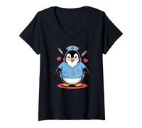 Femme Adorable infirmière pingouin, seringue médicale amusante et motif cœur T-Shirt avec Col en V