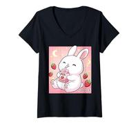 Femme Adorable Lapin Fraise Lait Kawaii Art Japonais T-Shirt avec Col en V