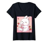 Femme Adorable Lapin Fraise Lait rétro Japonais Art Kawaii T-Shirt avec Col en V
