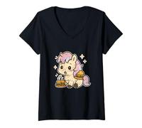 Femme Adorable Licorne Burger Surprise T-Shirt avec Col en V