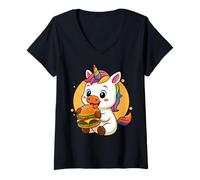 Femme Adorable Licorne Mangeant Un Hamburger drôle Kawaii pour Les Amateurs de Nourriture pour Animaux T-Shirt avec Col en V