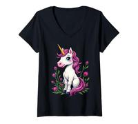 Femme Adorable licorne rose assise parmi des chardons écossais T-Shirt avec Col en V