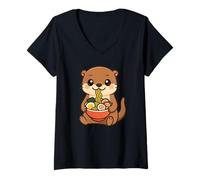 Femme Adorable Loutre Ramen Amateur d'animaux Kawaii T-Shirt avec Col en V