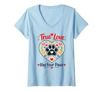 Femme Adorable Motif Patte de Chien en Forme de cœur True Love Has Paws T-Shirt avec Col en V