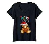 Femme Adorable ours en peluche avec bonnet de Noël Merry Christmas T-Shirt avec Col en V