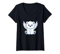 Femme Adorable Ours Polaire angélique Dessin animé T-Shirt avec Col en V