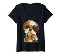 Femme Adorable Patchwork Shih Tzu Dog Boho Collage Quilt Art Graphic T-Shirt avec Col en V
