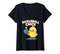 Femme Adorable Pickleball Poussin drôle Jaune Oiseau pagaie Design T-Shirt avec Col en V