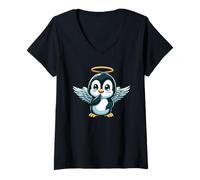 Femme Adorable Pingouin d'ange avec Halo et Ailes T-Shirt avec Col en V
