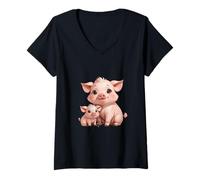Femme Adorable porcelet et mère Cochon Animal Dessin animé T-Shirt avec Col en V