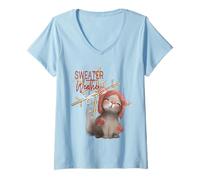 Femme Adorable Pull Chat météo Bonnet Flocon de Neige Hiver T-Shirt avec Col en V