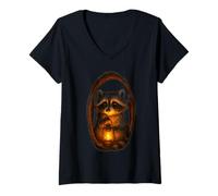Femme Adorable Raton Laveur Tenant Une Lanterne Confortable luciole Nuit Illustration T-Shirt avec Col en V