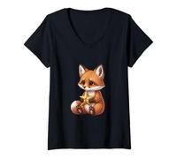 Femme Adorable Renard Cousu Tenant Une étoile T-Shirt avec Col en V