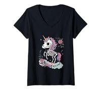 Femme Adorable Squelette Licorne Pastel Arc-en-Ciel Effrayant Halloween T-Shirt avec Col en V