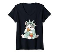 Femme Adorable Statue de la Liberté Chat Burger Freedom NYC Souvenir T-Shirt avec Col en V