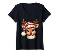 Femme Adorable tête de Renne tricotée pour Noël T-Shirt avec Col en V