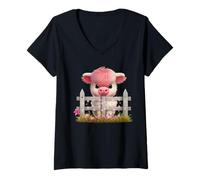 Femme Adorable Vache écossaise Rose avec Fleurs de Veau T-Shirt avec Col en V
