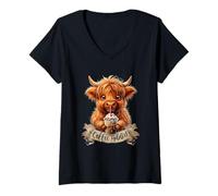 Femme Adorable Vache Highland Accro au café drôle Boisson café Cowgirl T-Shirt avec Col en V