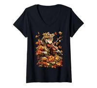 Femme Adorable violoniste Loup avec Violon Feuilles d'automne esthétiques T-Shirt avec Col en V