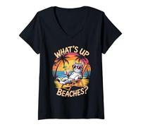 Femme Adorable Voyage de Vacances avec Inscription « What's Up Beach » T-Shirt avec Col en V