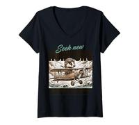Femme Adventure Badger Pilot New Horizons Motivation Vintage T-Shirt avec Col en V