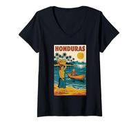 Femme Affiche de Voyage Vintage avec scène de Vie côtière du Honduras T-Shirt avec Col en V