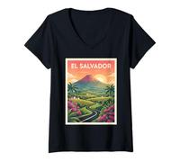 Femme Affiche de Voyage Vintage El Salvador Volcano Road T-Shirt avec Col en V