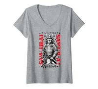 Femme Affiche d'histoire martiale à l'encre audacieuse de Samurai Warrior T-Shirt avec Col en V