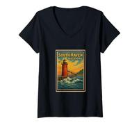 Femme Affiche du phare de South Haven, Michigan, dans le Michigan, dans les Grands Lacs T-Shirt avec Col en V