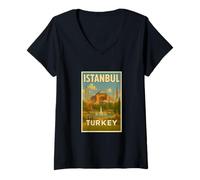 Femme Affiche Souvenir de Voyage Vintage Istanbul Turquie T-Shirt avec Col en V