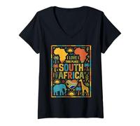 Femme Affiche sur Fond Noir Safari Doodles en Afrique du Sud T-Shirt avec Col en V