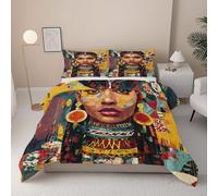 Femme Africaine Housse de Couette 90x190 cm, Culture Tribale Parure de Lit 1 Personne avec Fermeture Éclair, Géométrie Coloré Couette en Microfibre avec 1 Taie d'oreiller 50x75 cm