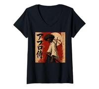 Femme African Samurai Fighter Bushido Katana Japonais Black Anime T-Shirt avec Col en V