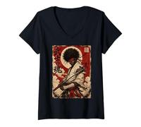 Femme African Samurai Japanese Warrior Anime Katana Ronin T-Shirt avec Col en V