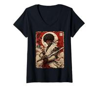 Femme African Samurai Japanese Warrior Anime Katana Ronin T-Shirt avec Col en V