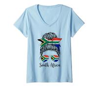 Femme Afrique du Sud Girl Messy Bun Lunettes de Soleil Drapeau T-Shirt avec Col en V