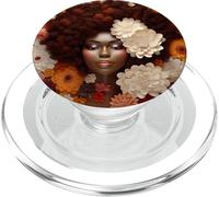 Femme Afro Floral Noir Queen Puff Art Mélanine Orange Blanc PopSockets PopGrip pour MagSafe