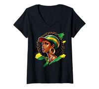 Femme Afro Hair Jamaique Drapeau Jamaïque Femme Mélanine Noir T-Shirt avec Col en V