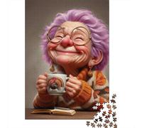 Femme âgée Joyeuse Bundle Puzzle 1000 Pièces, Carton Recy nfants & Adultes,Grand-mère Tasse de café Décoration Murale Maison, Cadeau Familial, Décoration Fête 52x38cm/1000pcs
