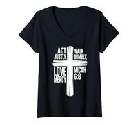 Femme Agissez avec Justice, marchez humblement, Aimez la miséricorde Michée 6:8 T-Shirt avec Col en V