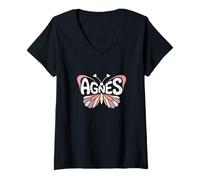 Femme Agnes Butterfly - Word Art personnalisé avec nom Mignon T-Shirt avec Col en V