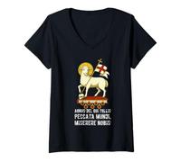 Femme Agnus Dei Sanctus Traditionnel Latin Messe Catholique T-Shirt avec Col en V