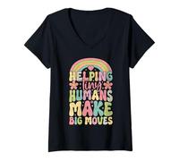 Femme Aider Les Petits Humains à Faire de Grands mouvements en ergothérapie T-Shirt avec Col en V