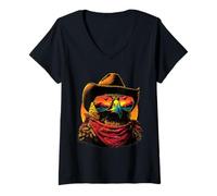 Femme Aigle coloré avec Lunettes de Soleil Cowboy Animal Coucher de Soleil Western T-Shirt avec Col en V