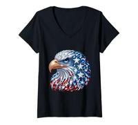 Femme Aigle Patriotique Strass étoiles et Rayures T-Shirt avec Col en V