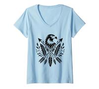 Femme Aigle Tribal Boho Plumes Flèches Motifs Sud-Ouest T-Shirt avec Col en V