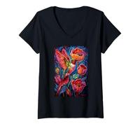 Femme Ailes de Jardin Colibri Fleurs pourpres T-Shirt avec Col en V