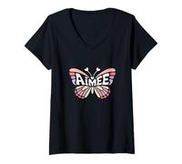 Femme Aimee Butterfly - Word Art personnalisé avec nom Mignon T-Shirt avec Col en V