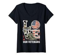 Femme Aimez nos Anciens Combattants, Camouflage Patriotique et Reconnaissance Militaire T-Shirt avec Col en V