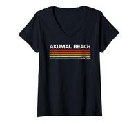 Femme Akumal Beach Mexico Rétro Motif à Rayures T-Shirt avec Col en V